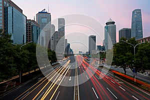 Light trails on the street at Beijing Central Business district