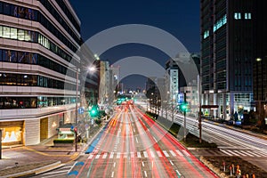 Light trails on the street at dusk in sakae,nagoya city.