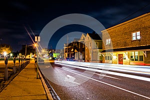 Light trails on a street at night in Hanover, Pennsylvania.