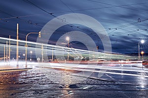 Light trails of trams and cars