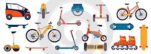 Light transport. Cartoon personal transportation vehicles. Rollers skate and electric hoverboard, monowheel. Isolated