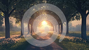 light trees and sun and path