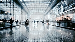 Light trendy exhibition with blurred people. Long exposure shot. Abstract image of modern glass hall. Generative AI