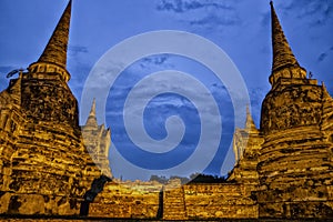 Light up of Wat Phara Si Sanphet temple in Ayutaya Thailand