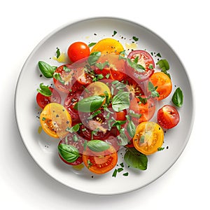 Light vegetarian salad with colorful cherry tomatoes, garnished with basil and herbs, on a ceramic plate. Generative AI