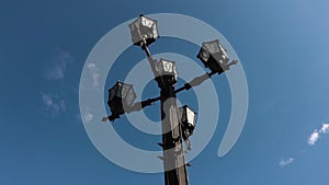 Light vintage Post With Blue Sky Background. Street lamp outdoor. Footage