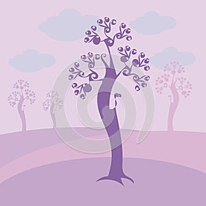 Light violet with curls tree with blue clouds, purple meadows and trees on a background