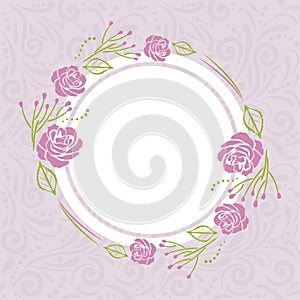Light violet pattern with stylized wreath of roses for greeting card