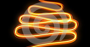 Light wave spiral trail, orange neon glow spin twirl trace effect. Incandescent spiral line and magic electric light with golden