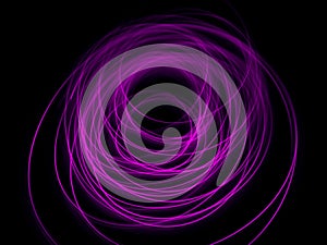 Light wave trail path, vibrant neon color in abstract swirls on a black background