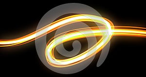 Light wave twirl with neon glow trail spin, orange yellow flash trace effect. Car lights glow, optic fiber spiral and magic bright