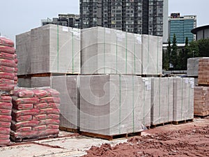 Light weight brick or other name called Autoclaved Aerated Concrete brick pallet at the construction site.