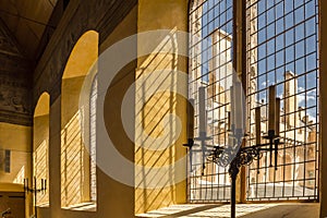 Light through window bars in medieval castle