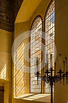 Light through window bars in medieval castle