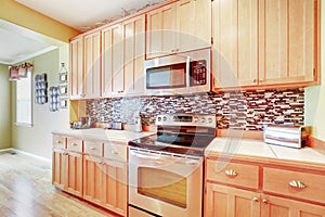 Light wood cabinets with multicolored backsplash