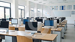 Light Wood Desk Computer Lab Rows Empty Screens computers