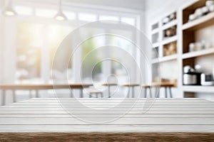 Light Wood Restaurant Table on Blurred Kitchen Background, Cafe Table Mockup, Generative AI Illustration