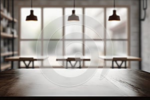 Light Wood Restaurant Table on Blurred Kitchen Background, Cafe Table Mockup, Generative AI Illustration