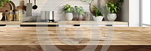 Light Wood Table on Blurred Kitchen Background, Modern Wooden Table Mockup for Montage Product