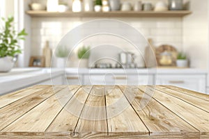 Light Wood Table on Blurred Kitchen Background, Modern Wooden Table Mockup for Montage Product