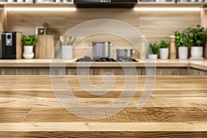 Light Wood Table on Blurred Kitchen Background, Modern Wooden Table Mockup for Montage Product