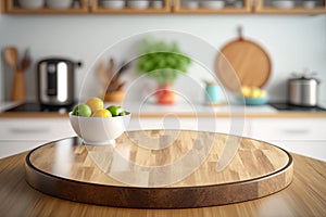 Light Wood Table on Blurred Kitchen Background, Modern Wooden Table Mockup for Montage Product Display, Generative AI Illustration