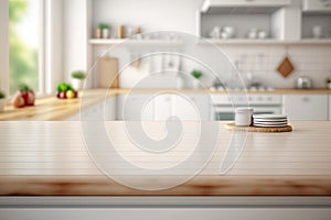 Light Wood Table on Blurred Kitchen Background, Modern Wooden Table Mockup for Montage Product Display, Generative AI Illustration