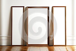 Light wooden picture frame mockup leaning against white wall stand on parquet