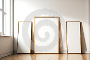 Light wooden picture frame mockup leaning against white wall stand on parquet