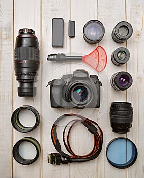 digital camera, several different lenses, filters, cables photo