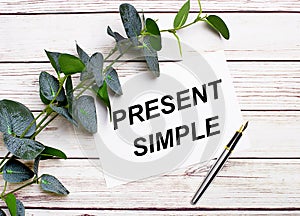On a light wooden table, there is a eucalyptus branch, a fountain pen and a sheet of paper with the text PRESENT SIMPLE