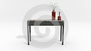 Light wooden tabletop WITH GLASS BOTTLE. Table on white background. 3D RENDERING