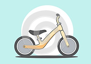 Light yellow balance bike for kids isolated on grey background, flat line vector and illustration.