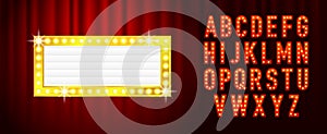 Lightbox and Alphabet. Marquee lightbox billboard with light bulb font for template on the wall background. Concept of