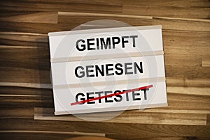 Lightbox or light box with german words for vaccinated, recovered or testet - geimpft, genesen, getestet on wooden table backgroun
