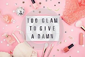 Lightbox with phrase Too glam to give a damn