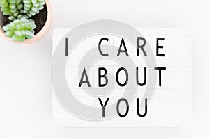 Lightbox text: I care about you. Concept of caring about the people you love