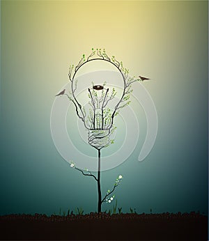 Lightbulb created from the leaves and looks like spring tree growing on soil with birds and nest, green energy concept,