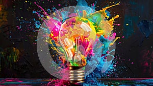 Lightbulb Exploding with Colorful Paint Splashes