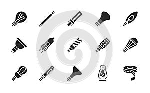 Lightbulb flat glyph icons set. Vector illustration different types of lamps. Black color