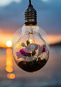 Lightbulb with flowers inside. Green energy concept
