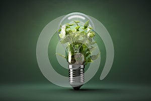 Lightbulb with fresh green leaves on dark green background