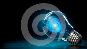 Lightbulb with a galaxy inside on a dark background.