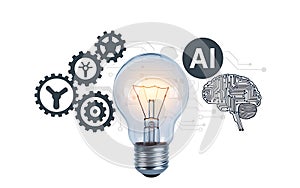 Lightbulb Gears AI Brain and Circuitry on White artificial intelligence