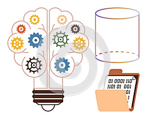 Innovation and Data Management with Creativity, Gears, and Binary Code in a Flat Design
