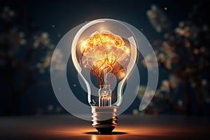 Lightbulb with a glowing brain inside. The concept of a bright idea. Generative AI