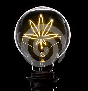 Lightbulb with a glowing wire in the shape of a weed leaf serie