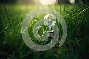 Lightbulb in Green Grass - Minimalist and Dreamy Close-Up Photo with Contrasting Colors and Detail - High Quality Image for