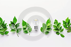 Lightbulb and green leaves. Renewable, sustainable energy concept