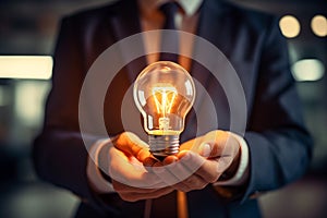 A Lightbulb in a hand of businessman wearing suit Creative new idea thinking, Innovation, brainstorming, inspiration Generative AI